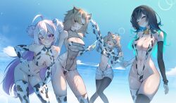 4girls absurdres ahoge animal_ears animal_print aqua_hair asymmetrical_sleeves bell bikini black_bikini black_hair black_thighhighs blue_sky blunt_bangs blush braid breasts brown_hair cersea_soulstorm choker cleavage colored_inner_hair commentary commission cow_print cow_print_bikini cow_print_gloves cow_print_thighhighs cowboy_shot cross-laced_clothes cross-laced_top crossed_bangs curtained_hair daisy_dandelion detached_sleeves double-parted_bangs double_bun elbow_gloves eyepatch_bikini eyewear_on_head fishnet_sleeves fishnets gloves gradient_hair green_eyes grey_hair grin groin hair_bun halterneck hand_on_own_hip hanging_breasts heterochromia highleg highleg_bikini highres hood hoodie hyena_ears hyena_girl idol_corp kneehighs knees_together_feet_apart large_breasts lazyfox leaning_forward lion_ears lion_girl lips long_hair long_sleeves looking_at_viewer medium_breasts mismatched_sleeves mismatched_thighhighs multicolored_hair multiple_girls navel neck_bell open_fly pendant_choker print_bikini print_gloves print_thighhighs purple_eyes purple_hair riki_poppet rimless_eyewear scar scar_on_chest scar_on_leg scar_on_stomach short_shorts shorts shrug_(clothing) sky slingshot_swimsuit small_breasts smile socks spiked_wristband stomach sunglasses swimsuit teeth thighhighs twin_braids virtual_youtuber white_shorts white_sleeves yellow_eyes yena_youngblood