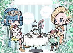 2girls 2others aged_down animal animal_on_lap bianca_(dq5) blonde_hair blue_eyes blue_hair blue_sash blunt_bangs bob_cut boots border borongo braid brown_boots cape chair character_name choker chome_(dq10) commentary_request cup daydream1201 dessert dragon_quest dragon_quest_v dragon_quest_x dress earrings flower food fruit goggles goggles_on_head great_sabrecub green_dress in-franchise_crossover jewelry leaf multiple_girls multiple_others neckerchief on_lap orange_cape orange_neckerchief pink_flower sash seraphy_(dq10) side_part single_braid sitting spotted_fur strawberry stud_earrings table tablecloth tea teacup teapot tiered_tray trait_connection tunic white_border white_fur yellow_fur yellow_tunic