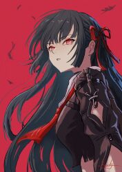 1girl absurdres black_hair black_shirt breasts bright_pupils chisa_(wuthering_waves) chucky_(chucky1000sun) commentary_request from_side hair_ribbon highres long_hair looking_afar looking_to_the_side medium_breasts mole mole_under_eye neckerchief parted_lips red_background red_eyes red_neckerchief red_ribbon ribbon sailor_collar shirt signature simple_background solo upper_body white_pupils white_sailor_collar wuthering_waves