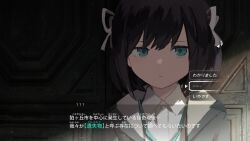 Rule 34 | 1girl, aqua eyes, black hair, blank stare, choice, collar, dialogue box, dialogue options, fake screenshot, gameplay mechanics, hair ribbon, highres, lost property control organization (samidare), protagonist (lost property control organization), revision, ribbon, samidare (hoshi), short hair, solo, user interface, white ribbon