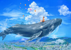 1boy balloon barefoot blue_sky brown_hair cirrus_clouds city cityscape cloud commentary_request cumulonimbus_cloud day flying flying_whale from_side high_up highres looking_up mountainous_horizon nanafuchi orange_shirt original outdoors riding riding_animal river scenery shirt shorts signature sitting sky solo water whale wide_shot
