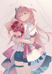 1girl black_hairband blue_eyes bouquet bow breasts flower hair_between_eyes hair_ornament hairband highres holding holding_bouquet holding_flower hololive hololive_idol_uniform_(bright) idol_clothes jacket long_hair looking_at_viewer pink_flower pink_hair pink_rose puffy_sleeves red_flower red_rose rose shirt short-sleeved_jacket short_sleeves shorts smile solo takane_lui virtual_youtuber waist_bow white_shirt wrist_cuffs yamagamiamami