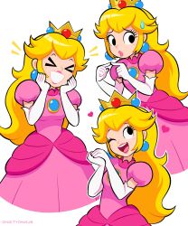 &gt;_&lt; 1girl ;d absurdres black_eyes blonde_hair commentary crown dress english_commentary gloves heart highres long_hair mario_(series) multiple_views nintendo one_eye_closed open_mouth pink_dress princess_peach smile teeth upper_teeth_only vinny_(dingitydingus) white_background white_gloves