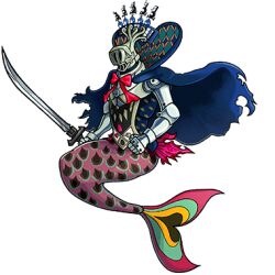 armor artist_request blue_cape bow bowtie cape crown fins fish_tail game_cg helm helmet holding holding_sword holding_weapon lowres mahou_shoujo_madoka_magica mermaid monster_girl no_humans official_art oktavia_von_seckendorff red_bow red_bowtie sitting solo sword tachi-e tail third-party_source torn_cape torn_clothes transparent_background unison_league weapon witch_(madoka_magica)