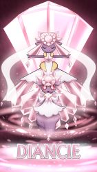 2girls absurdres arms_up artist_name character_name closed_eyes colored_sclera crystal dated diancie dual_persona energy english_text female_focus full_body gem gen_6_pokemon hands_up highres laranthrod legendary_pokemon looking_at_viewer mega_diancie mega_pokemon mega_stone multiple_girls mythical_pokemon nintendo no_humans open_mouth outstretched_arms pink_eyes pokemon pokemon_(creature) pokemon_xy red_sclera smile spread_arms text_focus veil watermark