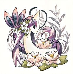 absurdres antennae closed_mouth colored_sclera commentary english_commentary flower full_body gen_3_pokemon highres leaf lotus milotic nintendo no_humans plant pokemon pokemon_(creature) pokemon_focus rai_(rai_kw) sideways_mouth simple_background smile white_background white_flower