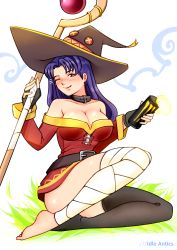 Rule 34 | 1girl, artist name, bandaged leg, bandages, barefoot, belt, belt buckle, black choker, black gloves, black hat, black thighhighs, blush, breasts, brown belt, brown eyes, buckle, can, choker, cleavage, closed mouth, collarbone, commentary, cosplay, dress, drink, fingerless gloves, foam, gloves, grass, hat, highres, holding, holding drink, holding staff, idle antics, katsuragi misato, kono subarashii sekai ni shukufuku wo!, large breasts, legs, long hair, looking at viewer, megumin, megumin (cosplay), monster energy, neon genesis evangelion, no shoes, notice lines, on ground, one eye closed, parted bangs, purple hair, red dress, short dress, single thighhigh, sitting, sitting sideways, smile, solo, squiggle, staff, thighhighs, thighs, toes, white background, witch hat, yokozuwari