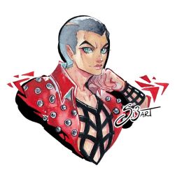1boy buzz_cut collared_jacket commentary cropped_torso english_commentary fishnet_top fishnets formaggio green_eyes grey_hair hand_on_own_chin jacket jojo_no_kimyou_na_bouken looking_at_viewer male_focus red_jacket short_hair si3art signature solo vento_aureo very_short_hair white_background wristband