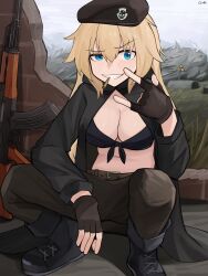 1girl absurdres ak-47 ak-47_(girls&#039;_frontline) assault_rifle belt beret bikini black_bikini black_boots black_gloves black_hat black_jacket black_pants blonde_hair blue_eyes boots breasts brick_wall cleavage fingerless_gloves gamryous girls&#039;_frontline gloves grass gun hat hat_ornament highres jacket joint_(drug) kalashnikov_rifle large_breasts long_hair looking_at_viewer marijuana navel open_clothes open_jacket outdoors pants radiation_symbol rifle road_sign sidelocks sign skull_hat_ornament smile smoking solo squatting stalker_(game) swimsuit variant_set very_long_hair weapon
