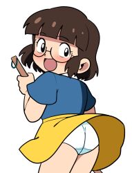 1girl ass black_eyes blue_shirt blush broom brown_hair from_behind glasses holding holding_broom loli looking_at_viewer looking_back open_mouth original panties shirt short_hair skirt standing surprised underwear white_background white_panties wind wind_lift yellow_skirt yume_yoroi