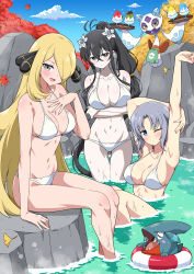 3girls :d absurdres apron armpits autumn_leaves bikini black_eyes black_hair blonde_hair blue_eyes blush blush_stickers breasts cleavage cloud crossover cynthia_(pokemon) day eggman_(ni_tamagoex) flower food froslass fubuki_(senran_kagura) gen_4_pokemon gible gluteal_fold grey_eyes grey_hair hair_flower hair_ornament hair_over_one_eye high_ponytail highres holding ice_cream innertube large_breasts leaf long_hair medium_hair multiple_girls nintendo one_eye_closed onsen open_mouth outdoors pale_skin pokemon pokemon_dppt ponytail rock senran_kagura senran_kagura_estival_versus senran_kagura_new_link sidelocks sitting sky smile swim_ring swimsuit thigh_gap tray tree very_long_hair wading water white_bikini yumi_(senran_kagura)