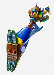 1boy beak cairngorm999 clenched_hands dated from_behind highres looking_at_viewer male_focus mega_man_(series) mega_man_x_(series) non-humanoid_robot overdrive_ostrich_(mega_man) robot robot_animal robot_bird running simple_background solo white_background