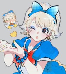 1boy 1girl bow bracelet chibi daisy_duck disneyland donald_duck dress hair_bow heart heart_hands highres humanization jewelry looking_at_viewer mickey_mouse_&amp;_friends moov_(mb_52) one_eye_closed open_mouth puffy_sleeves shirt short_hair short_sleeves smile white_hair