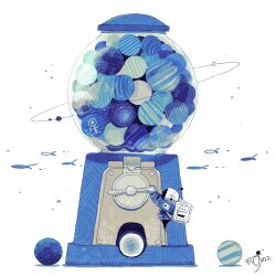 1other absurdres backpack bag blue_jacket candy chewing_gum fish food from_side gloves gumball gumball_machine helmet highres jacket kazunoko_(kazunoko_zunoco) long_sleeves orbital_path original other_focus oversized_object simple_background solo space_helmet white_background white_gloves wide_shot