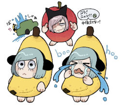 2boys animal_hat apple apple_costume banana banana_costume black_eyes blue_hair car cat_hat commentary_request costume crying double_middle_finger facial_mark fangs food fruit hat highres male_focus meme middle_finger motor_vehicle multiple_boys multiple_views nyen_(randal&#039;s_friends) nyon_(randal&#039;s_friends) pink_hair randal&#039;s_friends riokku_heya sad_banana_cat_(meme) short_hair simple_background translation_request whisker_markings white_background