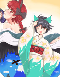 2girls animal_ears bird black_wings blush braid cat_ears eggplant extra_ears flx hatsuyume japanese_clothes kaenbyou_rin kimono mount_fuji mountain multiple_girls open_mouth radiation_symbol red_eyes red_hair reiuji_utsuho short_hair smile touhou wings wink