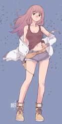 1girl arm_at_side bare_shoulders belt black_eyes blue_background blue_shorts boots breasts brown_belt brown_boots brown_hair brown_tank_top cleavage closed_mouth commentary_request commission contrapposto covered_erect_nipples cutoffs denim denim_shorts floating_clothes floating_hair full_body gun hand_on_own_hip handgun highres holster holstered jacket kikumaru_bunta kiruko_(tengoku_daimakyou) lace-up_boots large_breasts light_frown long_hair long_sleeves looking_at_viewer navel off_shoulder open_clothes open_jacket pixiv_commission scar scar_on_leg scar_on_shoulder short_shorts shorts simple_background solo split_mouth standing tank_top tengoku_daimakyou weapon white_jacket
