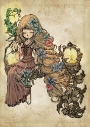 Rule 34 | 1girl, artist name, barefoot, blonde hair, blue flower, braid, brown dress, chain, character name, cinnamoncappuccino, closed eyes, closed mouth, commentary request, corset, dress, fire, flower, frilled dress, frills, full body, lamp, lantern, leaf, long hair, pink flower, pink sleeves, princess, rapunzel (fairy tale), rapunzel (fairy tale character), relaxing, sitting, sitting on branch, solo, very long hair