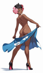 1girl absurdres ass back bare_shoulders blue_eyes blue_sarong breasts brown_hair clothes_lift completely_nude dark-skinned_female dark_skin flower hair_flower hair_ornament high_heels highres looking_at_viewer nintendo nude open_mouth phoebe_(pokemon) pokemon pokemon_oras print_sarong sarong sarong_lift short_hair sideboob smile solo spread_legs vivivoovoo