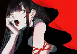 1girl black_dress black_hair blue_eyes dress eyeliner highres long_hair looking_at_viewer makeup mole mole_under_eye open_mouth original red_background red_lips red_ribbon ribbon syakemayusan teeth