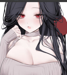 1girl :o bare_shoulders black_hair breasts brown_sweater cleavage cleavage_cutout clothing_cutout commentary hand_up kumo_tabetai large_breasts light_blush long_hair looking_at_viewer open_mouth original red_eyes sleeves_past_wrists solo sweater upper_body
