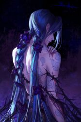 Rule 34 | 1girl, angel&#039;s trumpet, arcane: league of legends, arcane jinx, arm tattoo, back tattoo, blue flower, blue hair, blue nails, braid, braided twintails, chinese commentary, cloud tattoo, commentary, cuts, dated, flower, from behind, hand on own shoulder, heibai bangbing, highres, injury, jinx (league of legends), league of legends, looking at viewer, looking back, median furrow, nail polish, nude, pink eyes, pink nails, profile, prosthetic finger, purple background, purple flower, shoulder blades, signature, solo, tattoo, thorns, twin braids