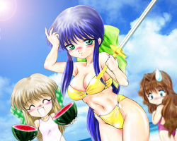 Rule 34 | 3girls, bikini, blue eyes, blue hair, blurry, brown hair, depth of field, dutch angle, closed eyes, food, fruit, gintama danshaku, green eyes, kanon, kawasumi mai, kurata sayuri, lens flare, long hair, misaka kaori, multiple girls, one-piece swimsuit, ponytail, suikawari, swimsuit, sword, traditional media, watermelon, weapon