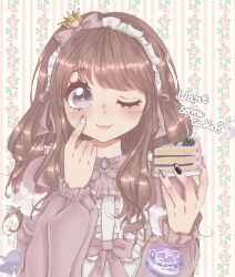 1girl absurdres blush bow brown_bow brown_dress brown_eyes brown_hair cake cake_slice classic_lolita commentary crown dress floral_background food frilled_hairband frills gem hairband highres kuki_nayumi lolita_fashion long_sleeves looking_at_viewer mini_crown nail_art one_eye_closed original smile solo upper_body white_hairband