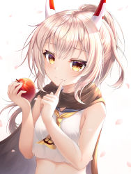 Rule 34 | 1girl, absurdres, apple, ayanami (azur lane), azur lane, bare shoulders, blush, breasts, brown eyes, closed mouth, female focus, food, fruit, hair between eyes, hair ornament, headgear, high ponytail, highres, ichizon, long hair, looking at viewer, ponytail, sailor collar, school uniform, shirt, sidelocks, simple background, smile, solo, white background