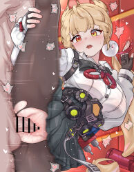 Rule 34 | 1boy, 1girl, :o, absurdres, alice thymefield, animal ears, bar censor, bar censorred eyes, black skirt, blonde hair, blush, breasts, censored, daram (shappydude), fingerless gloves, gloves, hand on own leg, heart, hetero, heterochromia, highres, indoors, large breasts, long hair, open mouth, orange eyes, pantyhose, penis, pleated skirt, sex, shirt, skirt, split, spoken heart, standing, standing on one leg, standing sex, standing split, sweat, torn clothes, torn pantyhose, vaginal, white shirt, zenless zone zero