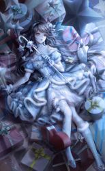 1girl artist_request asymmetrical_legwear black_hair blue_eyes boots box candy candy_cane candy_floss_(shining_nikki) choker collarbone dress eyelashes food full_body fur-trimmed_boots fur-trimmed_dress fur-trimmed_gloves fur-trimmed_sleeves fur_trim game_cg gift gloves grey_boots grey_choker grey_dress grey_gloves grey_hairband grey_shoes hair_spread_out hairband heart-shaped_box high_heels highres holding holding_candy holding_candy_cane holding_food indoors lace lace-trimmed_skirt lace-up_boots lace_trim light_particles lilith_(shining_nikki) lipstick long_hair looking_ahead lying makeup miniskirt mismatched_legwear night nikki_(series) off-shoulder_dress off_shoulder official_art on_back pantyhose parted_lips puffy_short_sleeves puffy_sleeves red_lips shining_nikki shoes short_sleeves single_boot single_shoe skirt skirt_under_dress solo star_(symbol) striped_clothes striped_skirt vertical-striped_clothes vertical-striped_skirt very_long_hair white_pantyhose white_skirt