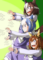 3girls agemasen!_(meme) animal_ears back_bow blue_hair bow bowtie braid brown_hair buena_vista_(umamusume) cesario_(umamusume) checkered_hairband crown_braid ear_bow ear_covers family_kamehameha from_side hair_between_eyes hairband highres horse_ears horse_girl kamehameha_(dragon_ball) large_bow long_sleeves meme meso_(zgmf-xv) multiple_girls pleated_skirt purple_bow purple_eyes purple_shirt purple_skirt sailor_collar sailor_shirt school_uniform shirt short_hair skirt special_week_(umamusume) tracen_school_uniform umamusume white_bow white_bowtie white_hair