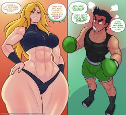 abs anger_vein angry black_hair blonde_hair blush boxing_gloves breasts bulge cobat crossover english_text green_background hands_on_own_hips highres large_breasts little_mac long_hair looking_down looking_up metroid mole mole_under_mouth muscular muscular_female muscular_male navel nintendo orange_background punch-out!! samus_aran shorts size_difference speech_bubble sportswear super_smash_bros. tall_female thighs
