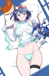 1girl bare_shoulders black_hair bra breasts clothes_lift cowboy_shot digimon digimon_(creature) digimon_story:_time_stranger dress dress_lift eyewear_on_head green_bra green_dress green_panties highres holding holding_bra holding_underwear holding_unworn_clothes looking_at_viewer lying medium_breasts on_back pabsmikan panties parted_lips patamon picodevimon short_hair smile underwear white_dress