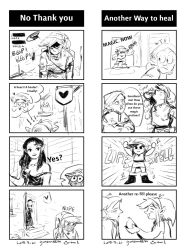 1boy 2girls age_difference blush bottle breasts cleavage comic door dress elf happy hat healer highres hood injury link magic magic_spell multiple_girls nintendo old old_woman pointy_ears sidelocks smile speech_bubble surprised the_legend_of_zelda tunic zelda_ii:_the_adventure_of_link