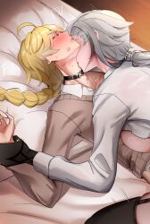1boy 1girl absurdres aether_(genshin_impact) after_kiss arlecchino_(genshin_impact) black_hands blonde_hair braid breasts cardigan colored_extremities genshin_impact hans-kun highres kiss kissing_neck long_sleeves ponytail single_braid white_hair