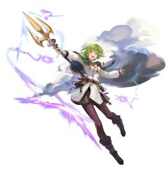 Rule 34 | 1girl, :d, artist request, belt, belt buckle, belt pouch, black pantyhose, black skirt, bob cut, boots, breasts, brown belt, brown boots, buckle, capelet, cloud, dynamic pose, game cg, goddess order, green capelet, green hair, high collar, highres, holding, holding staff, jewelry, leticia (goddess order), lightning, long sleeves, looking at viewer, medium breasts, non-web source, official art, open mouth, outstretched arms, pantyhose, polearm, pouch, puffy long sleeves, puffy sleeves, red ribbon, ribbon, shirt, short hair, simple background, skirt, smile, solo, staff, tachi-e, transparent background, trident, weapon, white shirt, yellow eyes