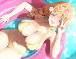 1girl afloat alternate_costume bangle bikini blush bow bracelet braid breasts cleavage closed_eyes commentary commission earrings english_commentary eyewear_on_head facing_viewer feather_earrings feathers fingernails flower from_above green_hair hair_bow hair_flower hair_ornament heart heart-shaped_eyewear highres hololive hololive_english innertube jewelry large_breasts long_fingernails multi-strapped_bikini_bottom multicolored_hair multiple_bracelets nail_polish navel o-ring o-ring_bikini o-ring_bottom o-ring_top open_mouth orange_hair pink-tinted_eyewear pink_nails prab single_braid smile solo streaked_hair striped_bikini striped_clothes swim_ring swimsuit takanashi_kiara tinted_eyewear two-tone_hair v virtual_youtuber water water_drop wet white_flower yellow_bow