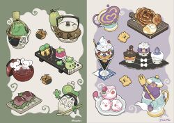 alcremie bounsweet bread clodsire coin commentary creatures_(company) cup cupcake dachsbun dessert drifloon fidough fire food food_focus fork game_freak gen_2_pokemon gen_4_pokemon gen_5_pokemon gen_6_pokemon gen_7_pokemon gen_8_pokemon gimmighoul glass green_background highres holding holding_fork koepotan lettuce litwick macaron milcery mouse_(animal) multicolored_background nintendo no_humans parfait pokemon pokemon_(creature) poltchageist polteageist pumpkaboo purple_background purple_fire simple_background sinistcha sinistea slurpuff smoliv sunkern swirlix tandemaus white_background
