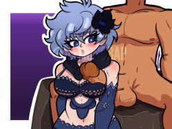 1boy 1girl armpit_sex blue_eyes blue_hair blue_scarf blush bra breasts bridal_gauntlets completely_nude detached_sleeves drag-on_dragoon drag-on_dragoon_3 flower hair_flower hair_ornament hetero lewdscrap looking_back navel non-web_source nude pursed_lips roman_numeral scarf short_hair simple_background stomach testicles two_(drag-on_dragoon) underwear watermark