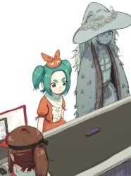 3girls :| aqua_hair blue_skin brown_hair candy candy_wrapper cash_register cashier cloak closed_mouth collar colored_skin commission conveyor_belt crossover dress elden_ring extra_arms forehead fur_cloak googly_eyes green_eyes hat highres jean_bomjan large_hat long_hair looking_at_another looking_at_food monogatari_(series) multiple_girls one_eye_closed ononoki_yotsugi orange_dress orange_headwear petite ponytail puffy_short_sleeves puffy_sleeves queue ranni_the_witch short_eyebrows short_hair short_sleeves snickers_(brand) standing thick_eyebrows trait_connection tsukimonogatari twintails v-shaped_eyebrows visor_cap white_background white_collar white_dress white_hair white_headwear witch witch_hat wrapped_candy