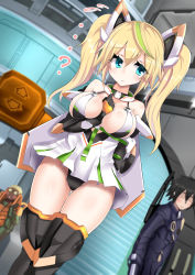 ... 1girl 2boys :&lt; ? arm_between_breasts armor armored_boots bare_shoulders between_breasts black_gloves black_hair black_leotard black_thighhighs blush boots breasts closed_mouth dutch_angle elbow_gloves flying_sweatdrops gene_(pso2) gloves gluteal_fold hair_between_eyes highleg highleg_leotard highres large_breasts leotard long_hair looking_at_another looking_to_the_side minato_yoshihiro multiple_boys phantasy_star phantasy_star_online_2 sidelocks solo_focus sunglasses thighhighs thighs twintails wavy_hair