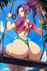 Rule 34 | 1girl, artist name, ass, back cutout, blue sky, butterfly cutout, clothing cutout, crop top, day, english text, felox08, highres, huge ass, long hair, looking at viewer, looking back, marvel, marvel rivals, official alternate costume, on swing, outdoors, patreon logo, patreon username, ponytail, psylocke, psylocke (breezy butterfly), purple eyes, purple hair, purple shoes, shoes, short sleeves, sidelocks, sitting, sky, solo, speech bubble, swing, watermark, web address