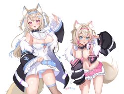 2girls absurdres aki_hoshino animal_ears areola_slip bandaid bandaid_hair_ornament belt_collar black_collar black_jacket blonde_hair blue_eyes blue_hair breasts cleavage collar commentary cropped_jacket dog_ears dog_girl dog_tail dress english_commentary fishnet_thighhighs fishnets fur-trimmed_jacket fur_trim fuwawa_abyssgard fuwawa_abyssgard_(1st_costume) hair_ornament hairpin headphones headphones_around_neck highres hololive hololive_english jacket large_breasts long_hair looking_at_viewer mococo_abyssgard mococo_abyssgard_(1st_costume) multicolored_hair multiple_girls navel nipples open_mouth panties pink_eyes pink_hair short_hair shorts siblings single_thighhigh sisters smile spiked_collar spikes streaked_hair striped_clothes striped_panties tail thighhighs twins two_side_up underwear virtual_youtuber white_dress white_shorts x_hair_ornament