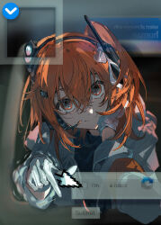 1girl a.i._voice absurdres adachi_rei android black_background black_shirt captcha closed_mouth cursor gloves grey_background hair_between_eyes hair_ribbon hand_on_own_face head_rest head_tilt headlamp highres index_finger_raised jacket looking_at_viewer matofu open_clothes open_jacket orange_eyes orange_hair radio_antenna ribbon shirt side_ponytail smile solo upper_body utau white_gloves white_jacket white_ribbon