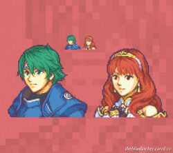 Rule 34 | 1boy, 1girl, alm (fire emblem), armor, black gloves, blue armor, breastplate, celica (fire emblem), choker, couple, earrings, fingerless gloves, fire emblem, fire emblem echoes: shadows of valentia, game boy advance, gloves, green eyes, green hair, handheld game console, hetero, highres, jewelry, long hair, nintendo, orange eyes, orange hair, pixel art, prince, princess, red eyes, red hair, short hair, shoulder armor, theblindarcher, tiara, upper body, white armor