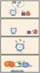 &gt;_&lt; ... 4koma 4others absurdres alarm_clock bird blue_bow boros_(ouro_kronii) bow cardboard chibi clock comic commentary cup english_commentary food fruit halo hide_and_seek highres hololive hololive_english jumping kotori_(takanashi_kiara) kronie_(ouro_kronii) mpien mug multiple_others octopus orange_(fruit) plate silent_comic snake solid_circle_eyes speech_bubble subway_(company) takodachi_(ninomae_ina&#039;nis) virtual_youtuber white_snake