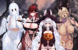4girls absurdres alsace_(azur_lane) alternate_costume animal_ears annasui_factory azur_lane bandages bare_shoulders bat_(animal) between_breasts black_gloves black_hat black_leotard black_necktie black_panties black_veil blue_eyes blue_hair braid breastless_clothes breasts breasts_out brown_hair cake cake_slice chain cleavage coffin contrapposto cross cross_ornament cup curled_horns demon_horns demon_tail demon_wings dress drinking_glass earrings elbow_gloves food food-themed_hair_ornament ghost_costume ghost_mask gloves gluteal_fold hair_ornament hair_over_one_eye halloween halloween_costume hands_up hat heart_pasties highres hindenburg_(azur_lane) holding holding_tray horn_ornament horns huge_breasts jewelry laffey_(azur_lane) leotard light_brown_hair long_hair long_sleeves looking_at_viewer low_wings mole mole_on_breast mole_on_pussy multiple_girls mummy_costume navel necktie necktie_between_breasts open_mouth owari_(azur_lane) panties pasties pointy_ears pumpkin pumpkin_hair_ornament rabbit_ears red_eyes red_hair see-through_clothes see-through_dress skindentation small_breasts smile tail tan teeth thighhighs thighs tongue tongue_out tray twin_braids twintails underwear veil very_long_hair white_hair white_thighhighs wings