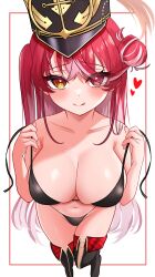 1girl :p absurdres armpit_crease asymmetrical_hair bare_shoulders bikini black_bikini black_boots black_hat blush boots breasts cleavage collarbone commentary_request dot_nose eyelashes feet_out_of_frame fold-over_boots foreshortening from_above groin hair_bun hat heart heart_in_eye heterochromia highleg highleg_bikini highres hololive houshou_marine houshou_marine_(marching_band) large_breasts long_hair looking_at_viewer looking_up micro_bikini multicolored_hair navel official_alternate_costume official_alternate_hairstyle one_side_up plume red_eyes red_hair shako_cap side_up_bun simple_background solo strap_pull streaked_hair string_bikini swimsuit symbol_in_eye thigh_boots thighs tongue tongue_out two-tone_hair untied_bikini very_long_hair virtual_youtuber white_background white_hair yellow_eyes zakitaku8311