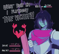 !? 2others absurdres armor black_background black_hair blue_skin colored_skin commentary deltarune despair elliboon english_commentary english_text expressionless frown hair_between_eyes health_bar highres knight kris_(dark_world)_(deltarune) kris_(deltarune) long_hair_between_eyes medium_hair messy_hair multiple_others partially_shaded_face pink_scarf ralsei red_eyes scarf shouting simple_background spoilers susie_(deltarune) sweatdrop upper_body
